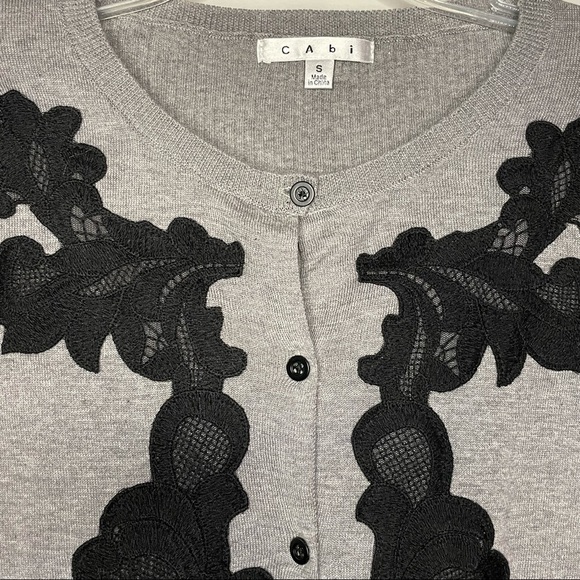 Cabi Cardigan Gray and Black Lace Embroidered detail Button down Cardigan - Picture 3 of 6